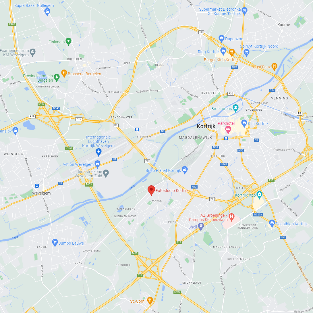 Stratenplan van Kortrijk met de locatie van de fotostudio aangeduid